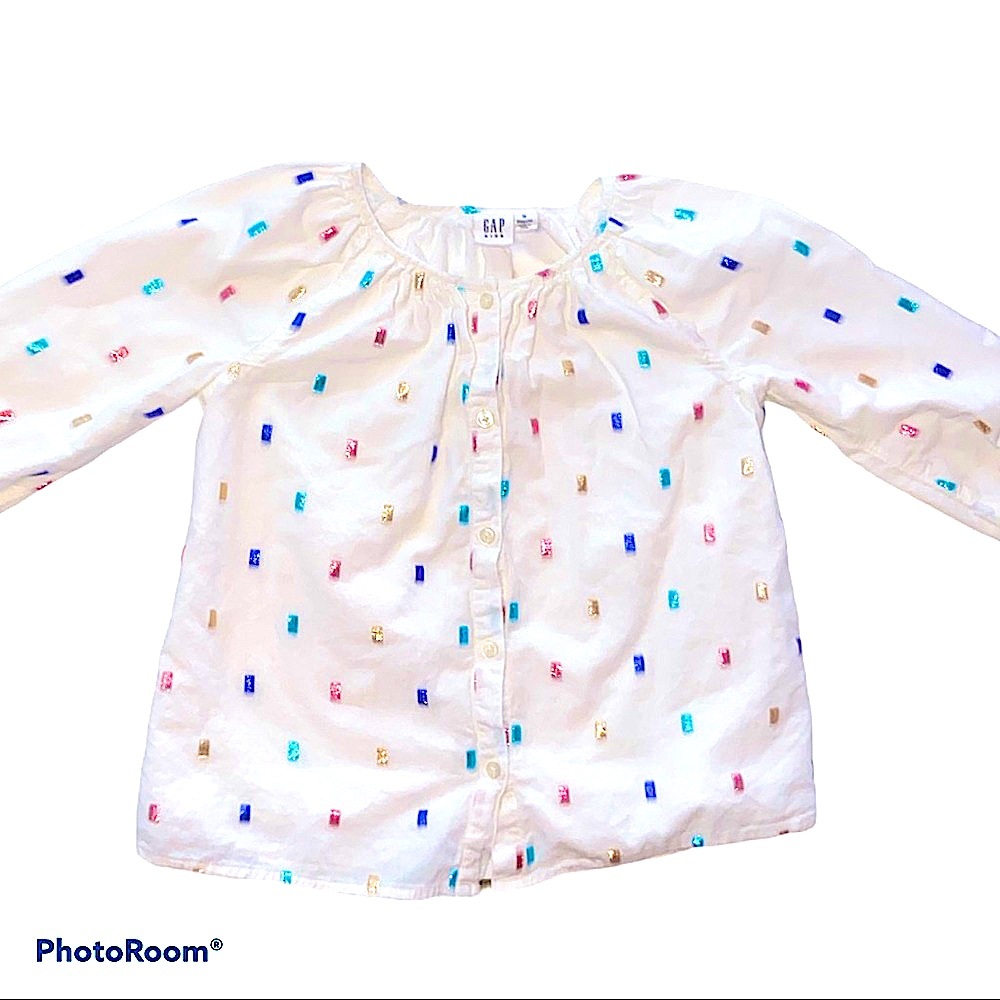 GAP Kids White Button Down Jewel Toned Embroidered Blouse S…